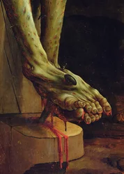 Pormenor do pé de Cristo da cena da Crucificação do Retábulo de Isenheim, painel interior, c. 1512-15
